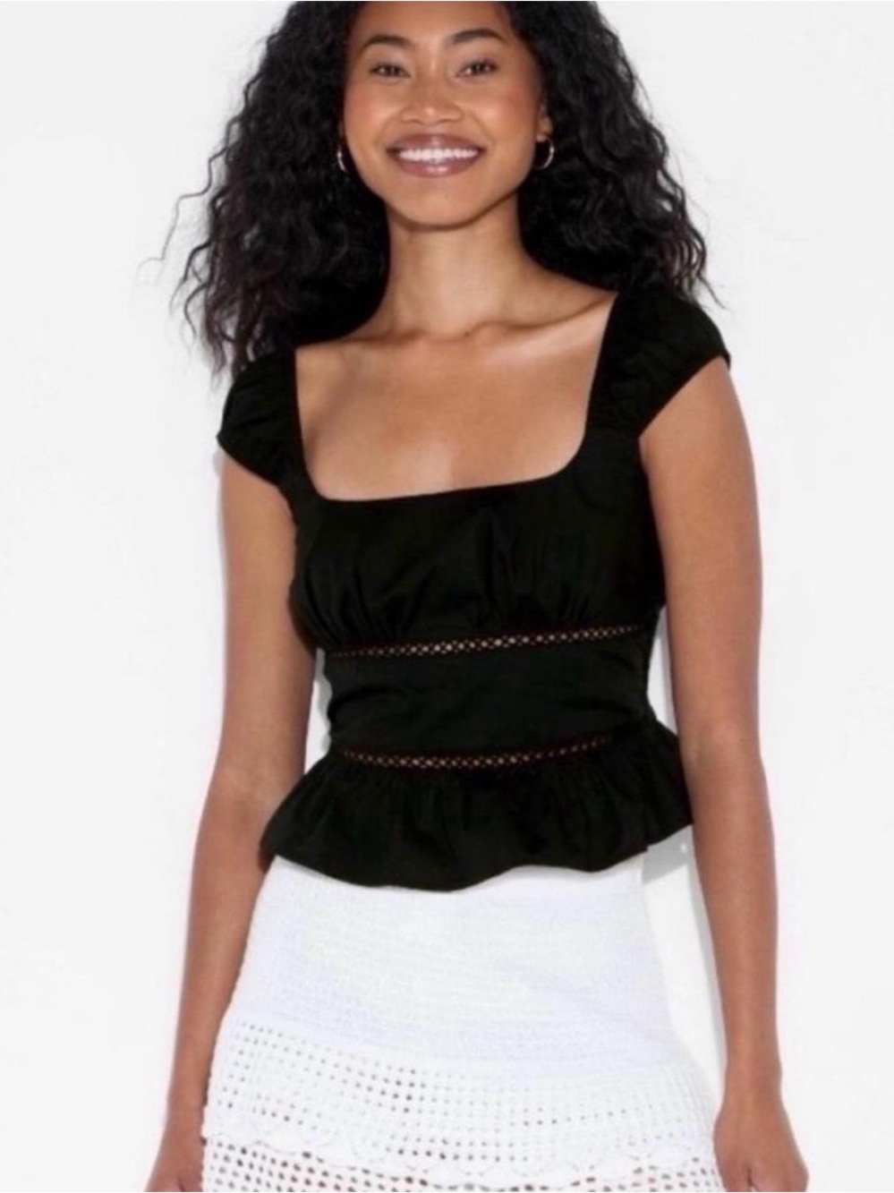 NWT Wild Fable Black Peplum Tank Top Medium M Crochet Cutout Smocked Square Neck